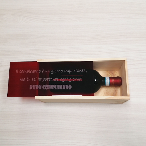 Cassetta in legno per vino personalizzata con coperchio in plexiglass rosso - Per 1 bottiglia - superba