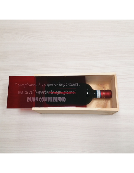 Cassetta in legno per vino personalizzata con coperchio in plexiglass rosso - Per 1 bottiglia - superba