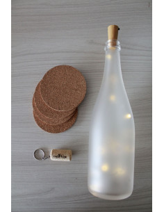 Box Regalo Lampada Bottiglia Champagne + Sottobicchieri in sughero personalizzati + Portachiavi tappo