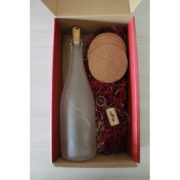 Box Regalo Lampada Bottiglia Champagne + Sottobicchieri in sughero personalizzati + Portachiavi tappo
