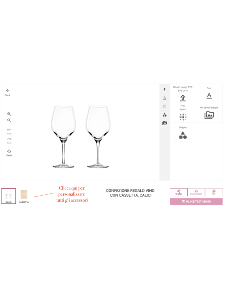 CONFEZIONE REGALO VINO CON CASSETTA E CALICI PERSONALIZZATI