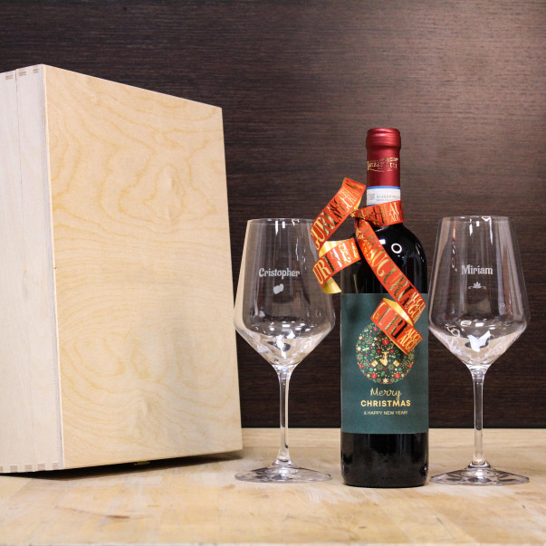 Confezione Regalo Vino con Calici e Bottiglia Vino Personalizzata