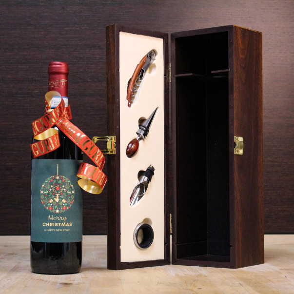 Box Regalo Cassetta accessori vino + Bottiglia Rosso di Montalcino personalizzata