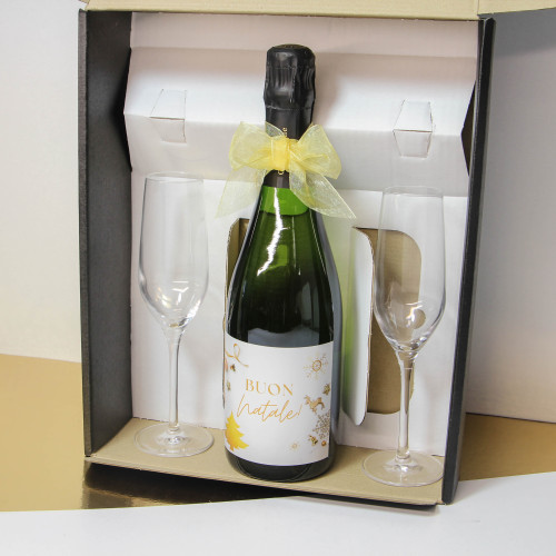 CONFEZIONE REGALO CHAMPAGNE E DUE FLUTE PERSONALIZZATI