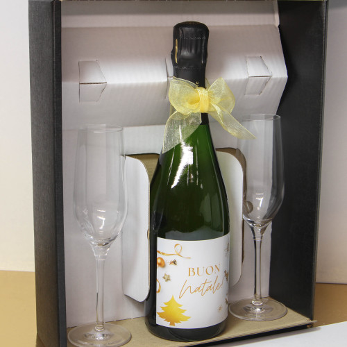 CONFEZIONE REGALO CHAMPAGNE E DUE FLUTE PERSONALIZZATI