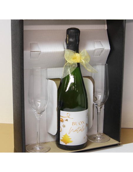 CONFEZIONE REGALO CHAMPAGNE E DUE FLUTE PERSONALIZZATI